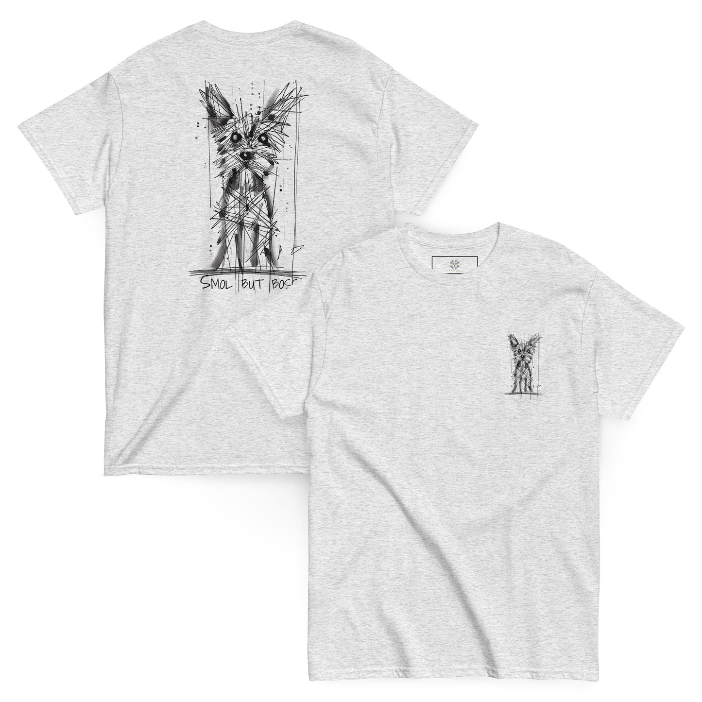 Gray unisex T-shirt – black ink Yorkshire Terrier dog illustration, front and back view.