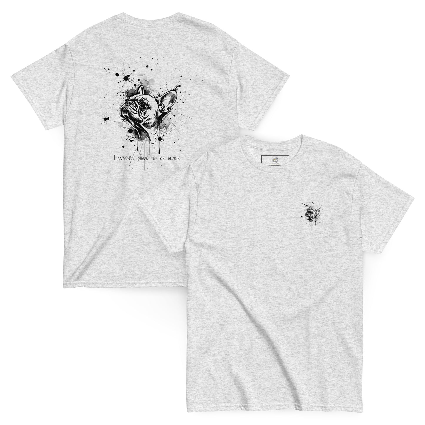 Gray unisex T-shirt – black ink French Bulldog illustration, front and back view.