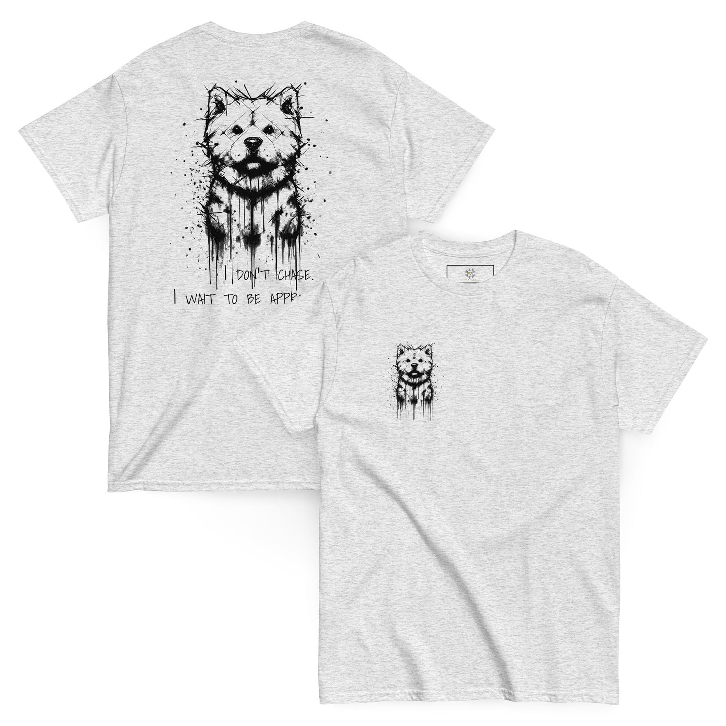 Gray unisex T-shirt – black ink Shiba Inu dog illustration, front and back view.