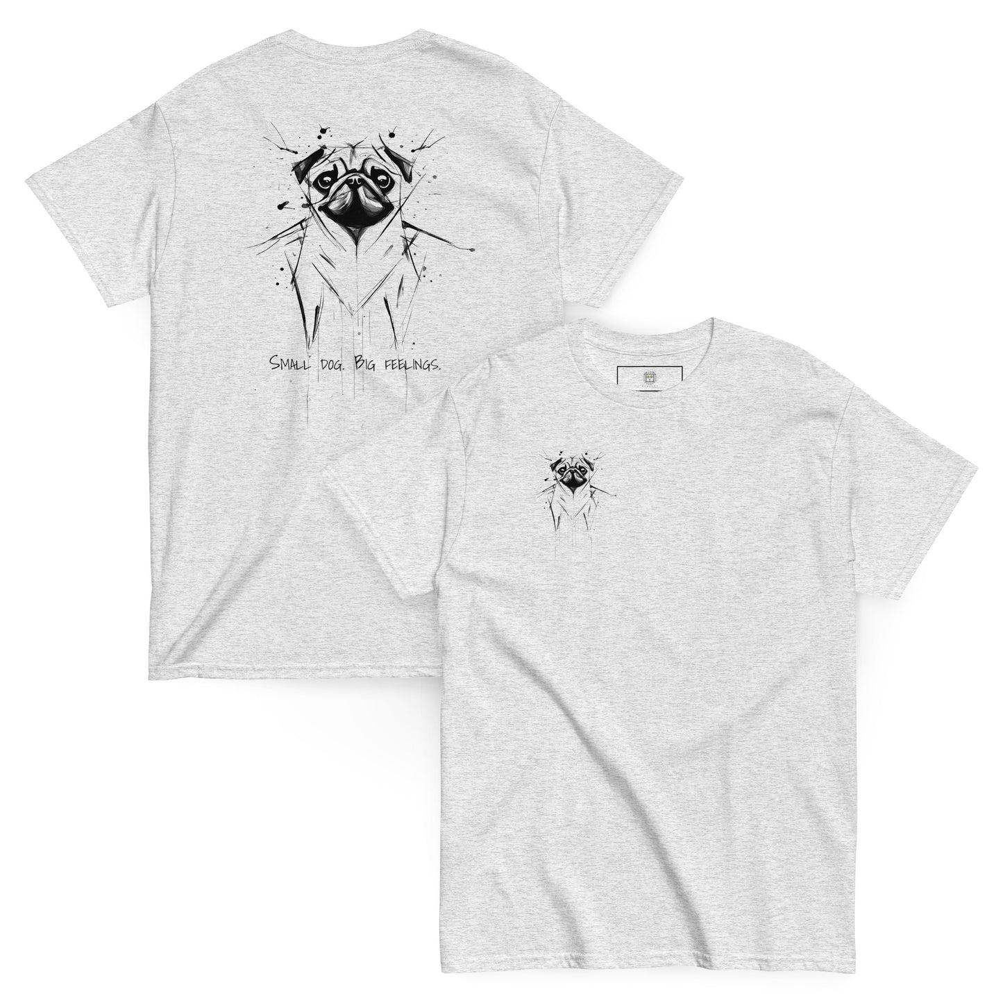 Gray unisex T-shirt – black ink pug illustration, front and back view.