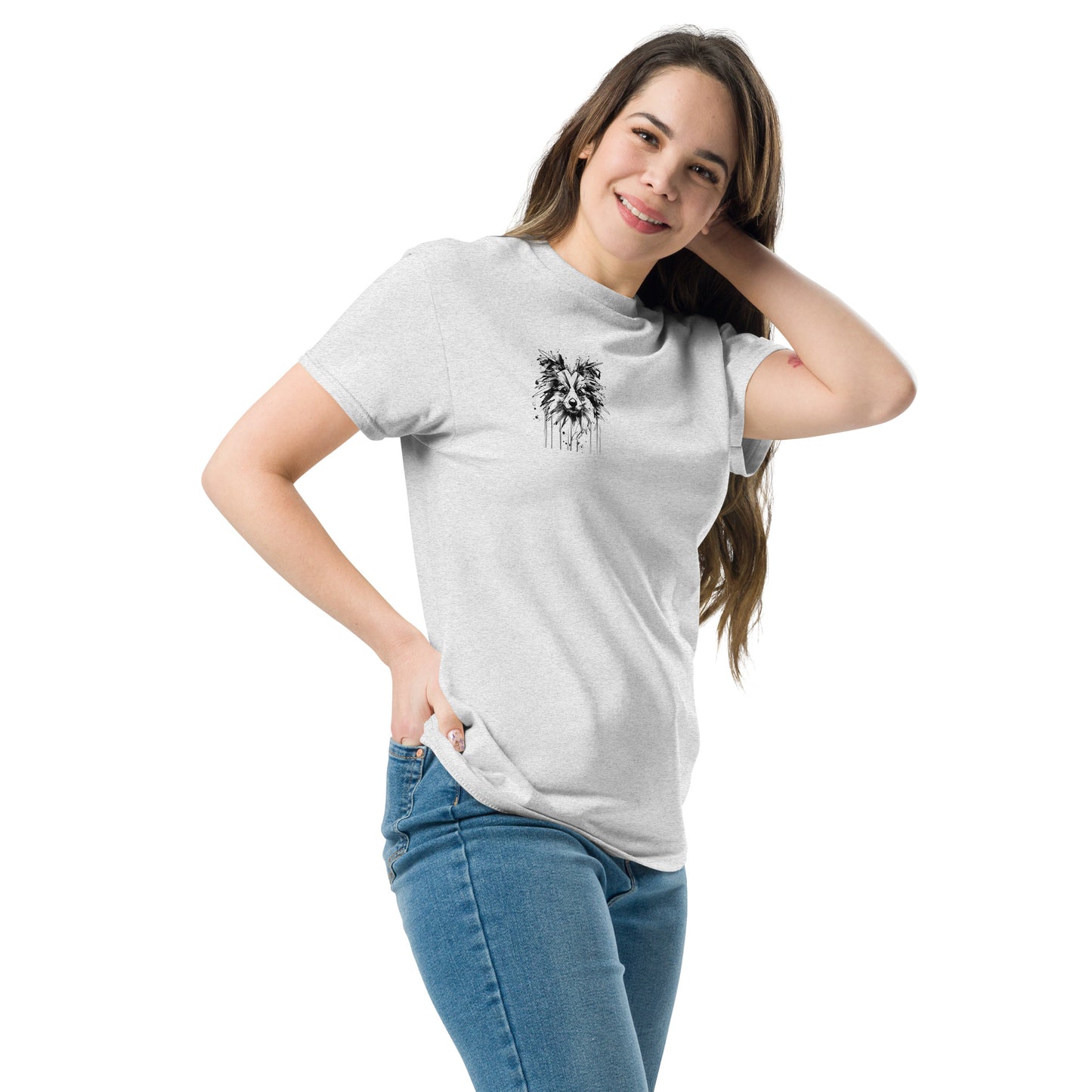 Light blue unisex T-shirt – black ink Border Collie dog illustration, back view on female model.