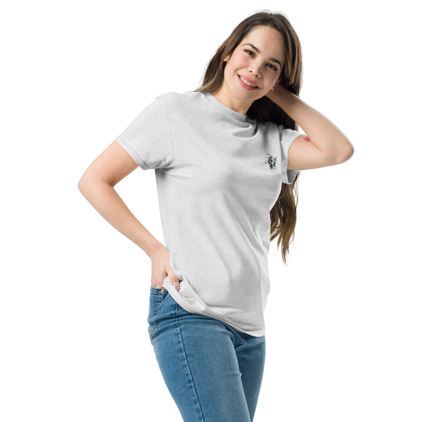 Gray unisex T-shirt – black ink French Bulldog illustration, front view.