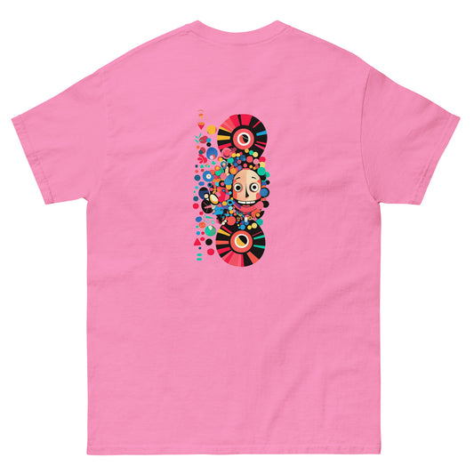Pink unisex T-shirt — back print: colorful abstract skull design