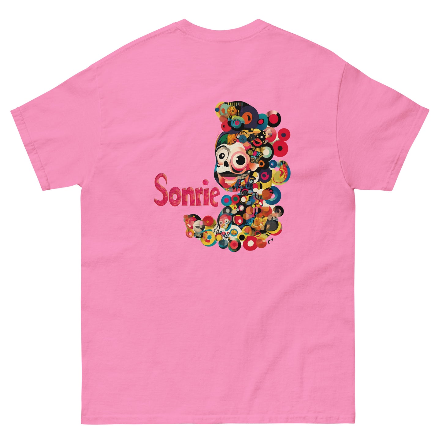 Pink unisex T-shirt with a large colorful abstract side print