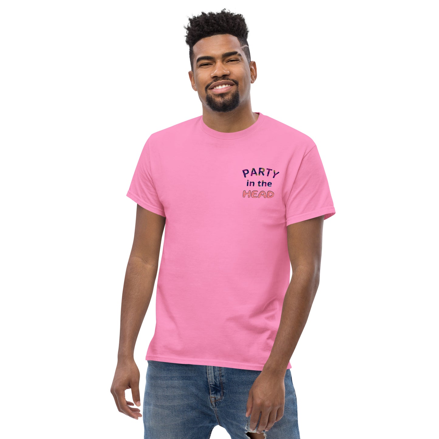 Male model wearing pink T-shirt — front text: PARTY IN THE HEAD