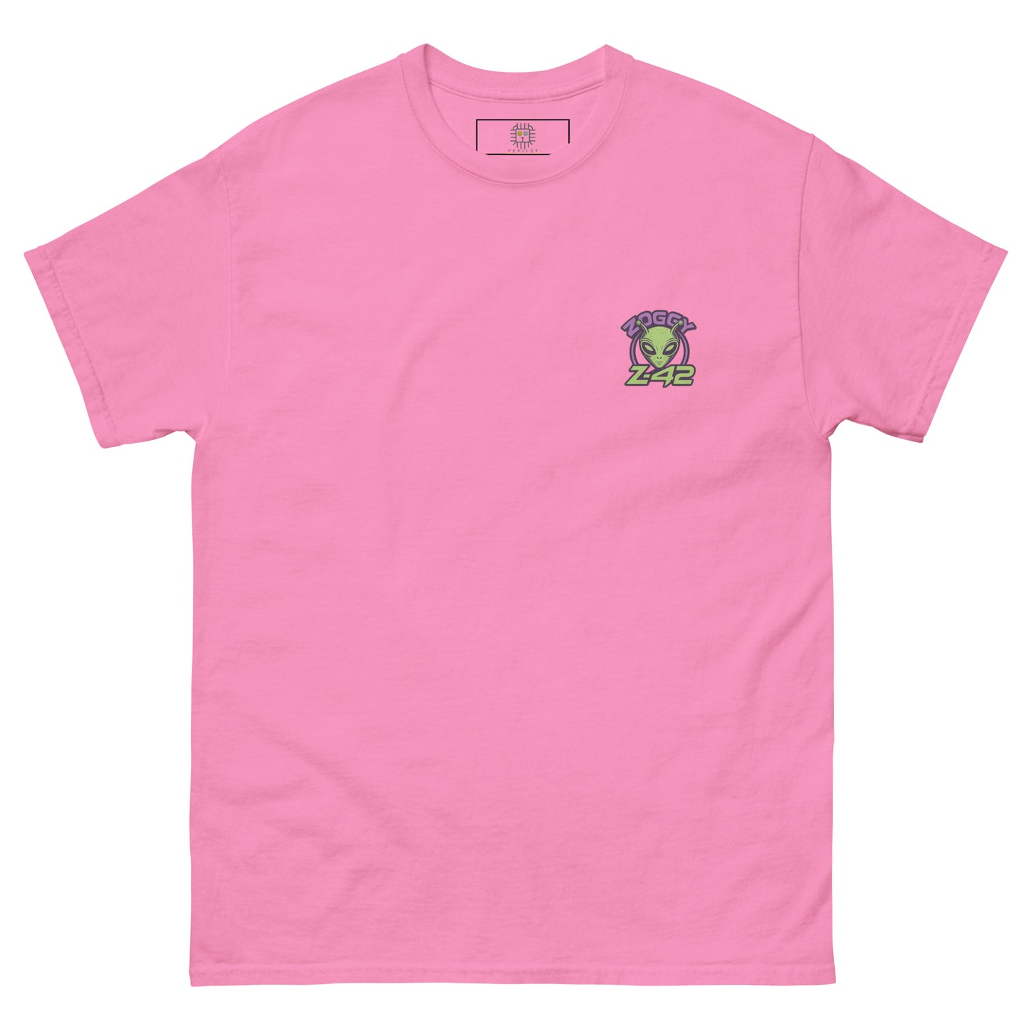 Pink unisex T-shirt — front left chest small alien head graphic