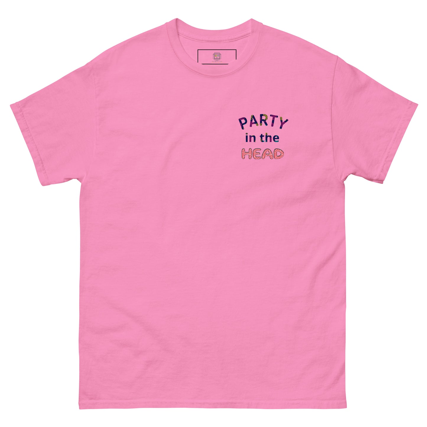 Pink unisex T-shirt — front print: colorful abstract skull design, front text: PARTY IN THE HEAD