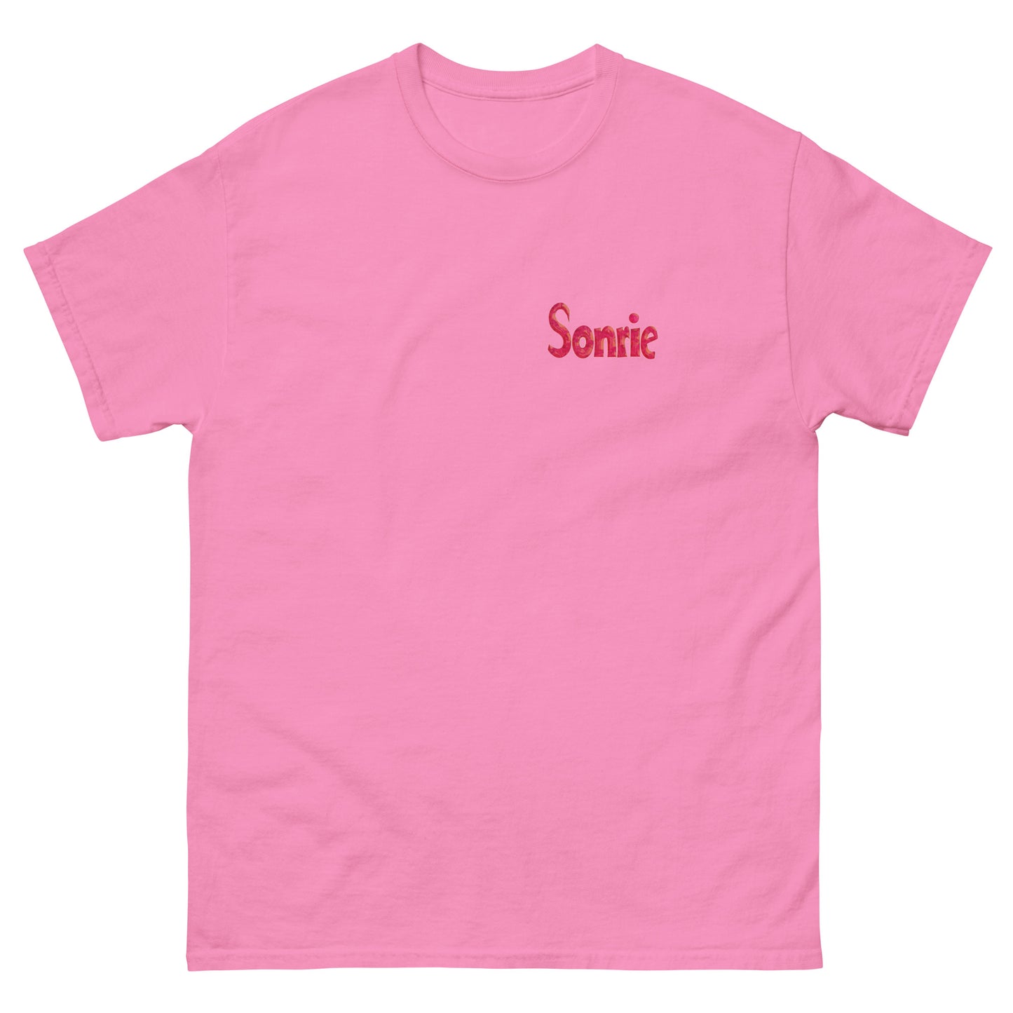 Pink unisex T-shirt with Sonrie text on the chest