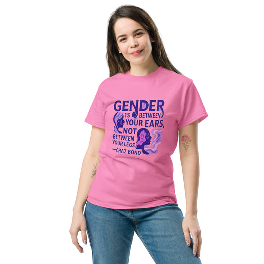 Woman wearing pink feminist statement t-shirt with purple typography – Sisterhood Club Collection