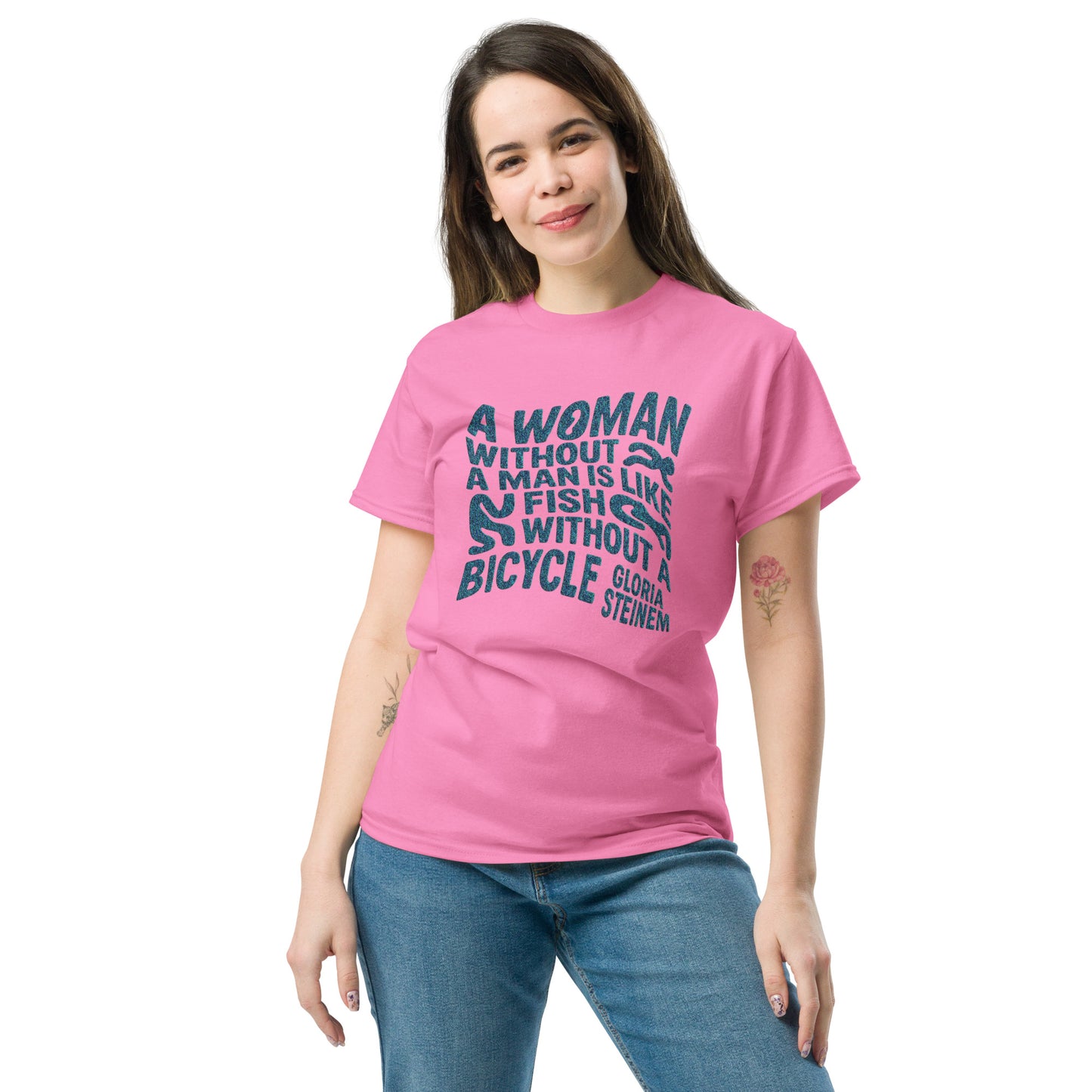 Woman wearing pink feminist statement t-shirt with bold navy typography – Sisterhood Club Collection