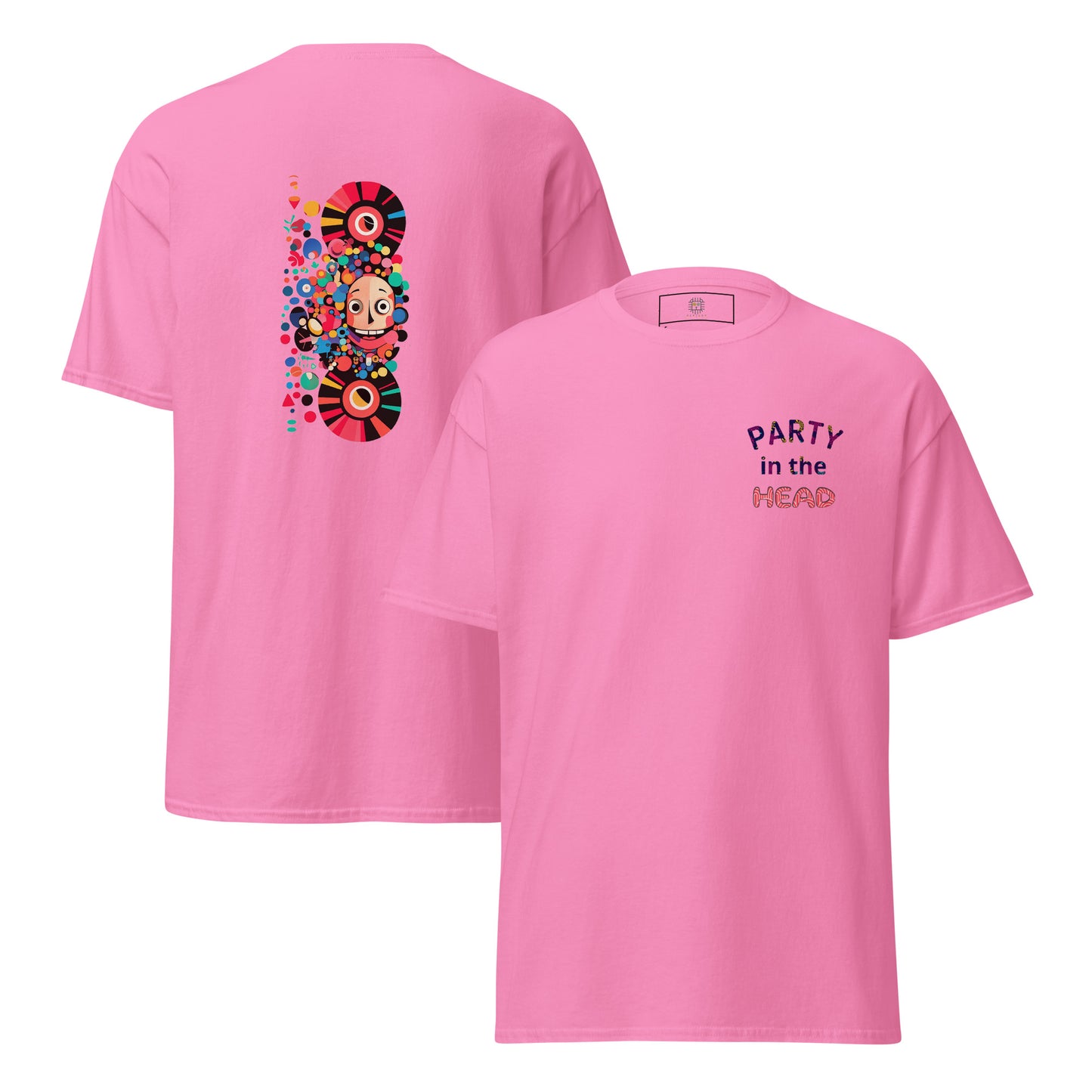 Pink unisex T-shirt — back print: colorful abstract skull design, front text: PARTY IN THE HEAD