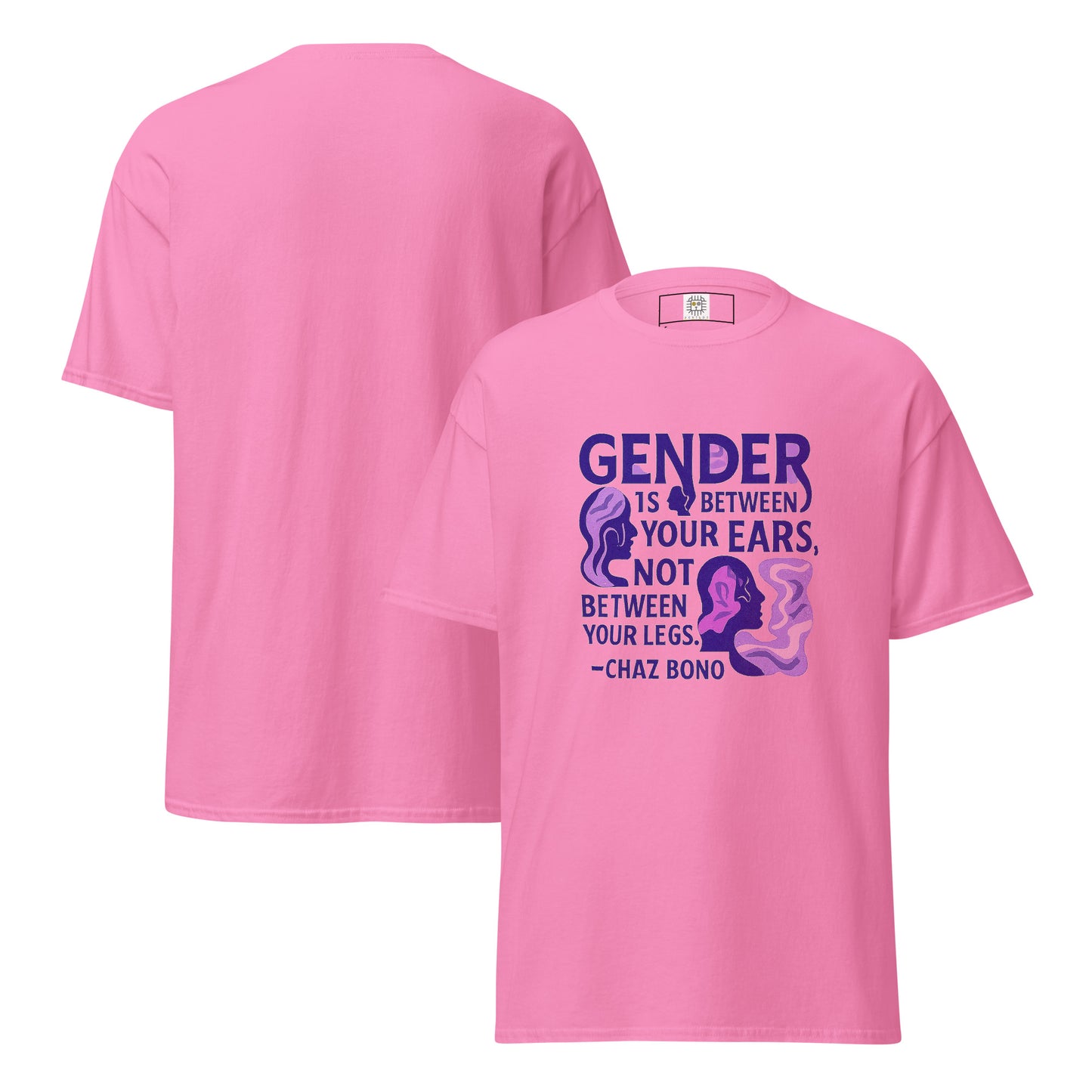 Pink t-shirt with purple bold text “Gender equality is not a threat, it is a victory” and female silhouette – Sisterhood Club Collection