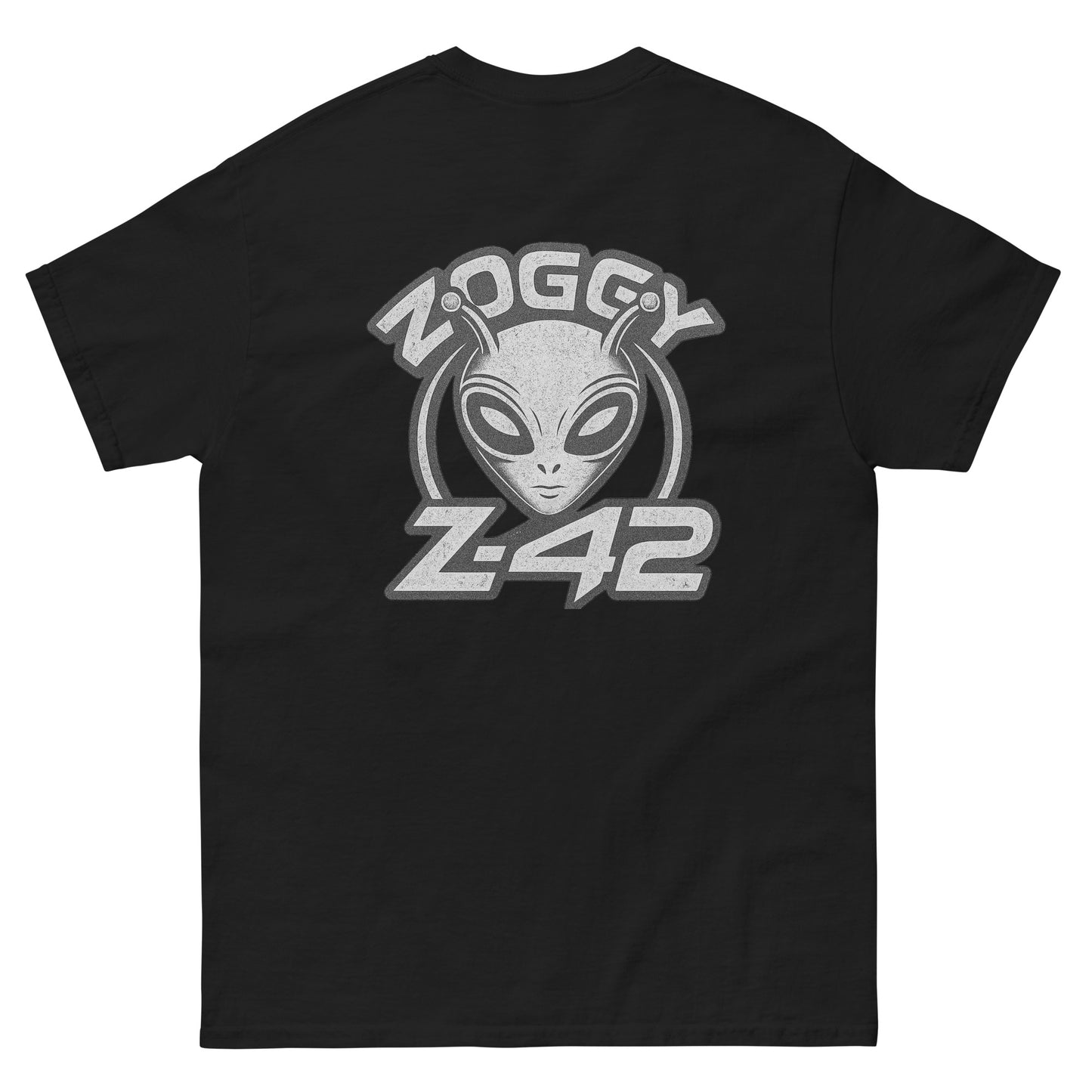Black unisex T-shirt — back print: large grey alien head with text ZOGGY Z-42