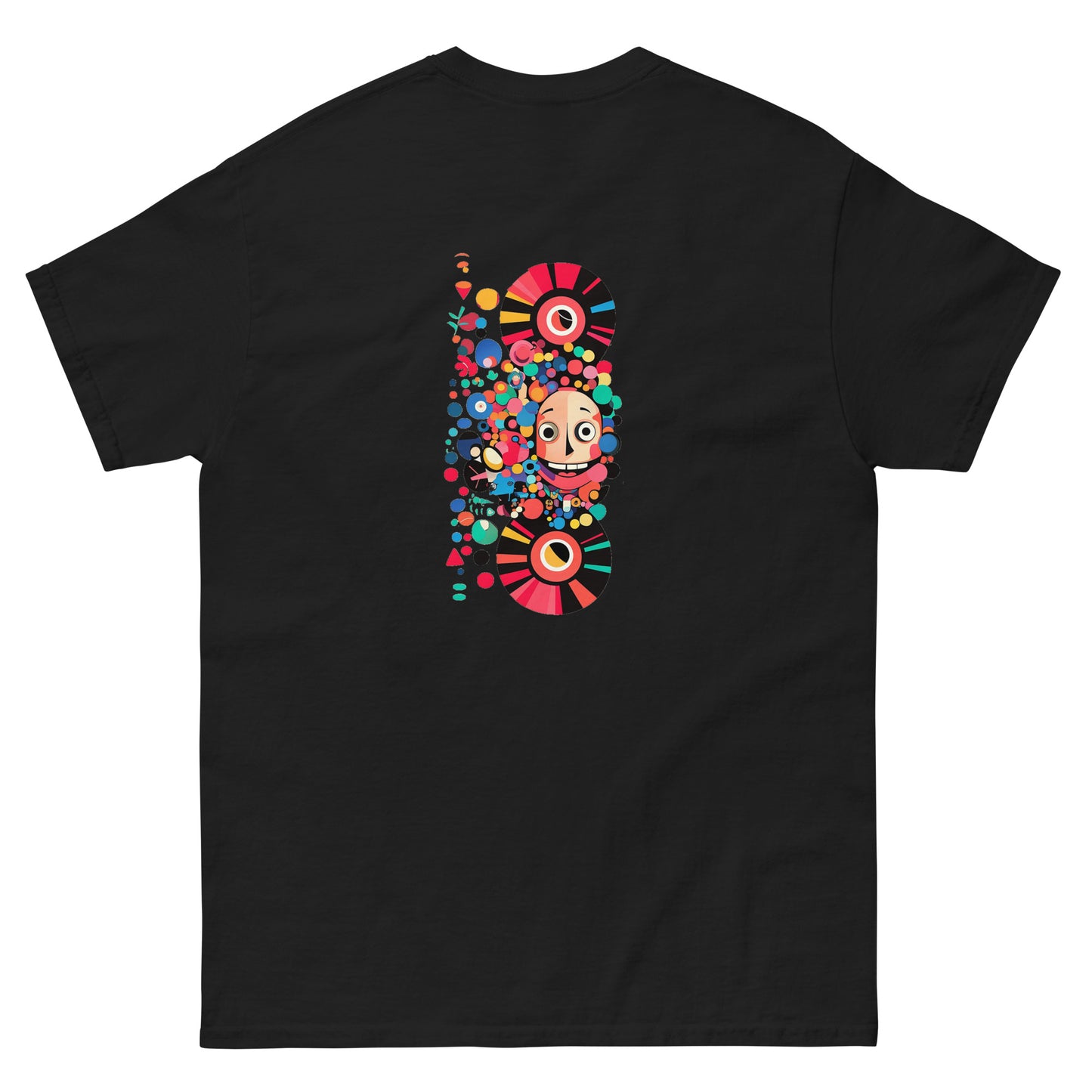 Black unisex T-shirt — back print: colorful abstract skull design