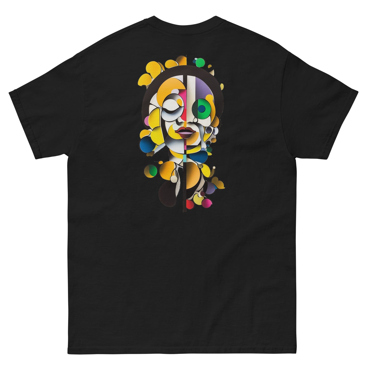 Black unisex T-shirt — back print: colorful illustrated face