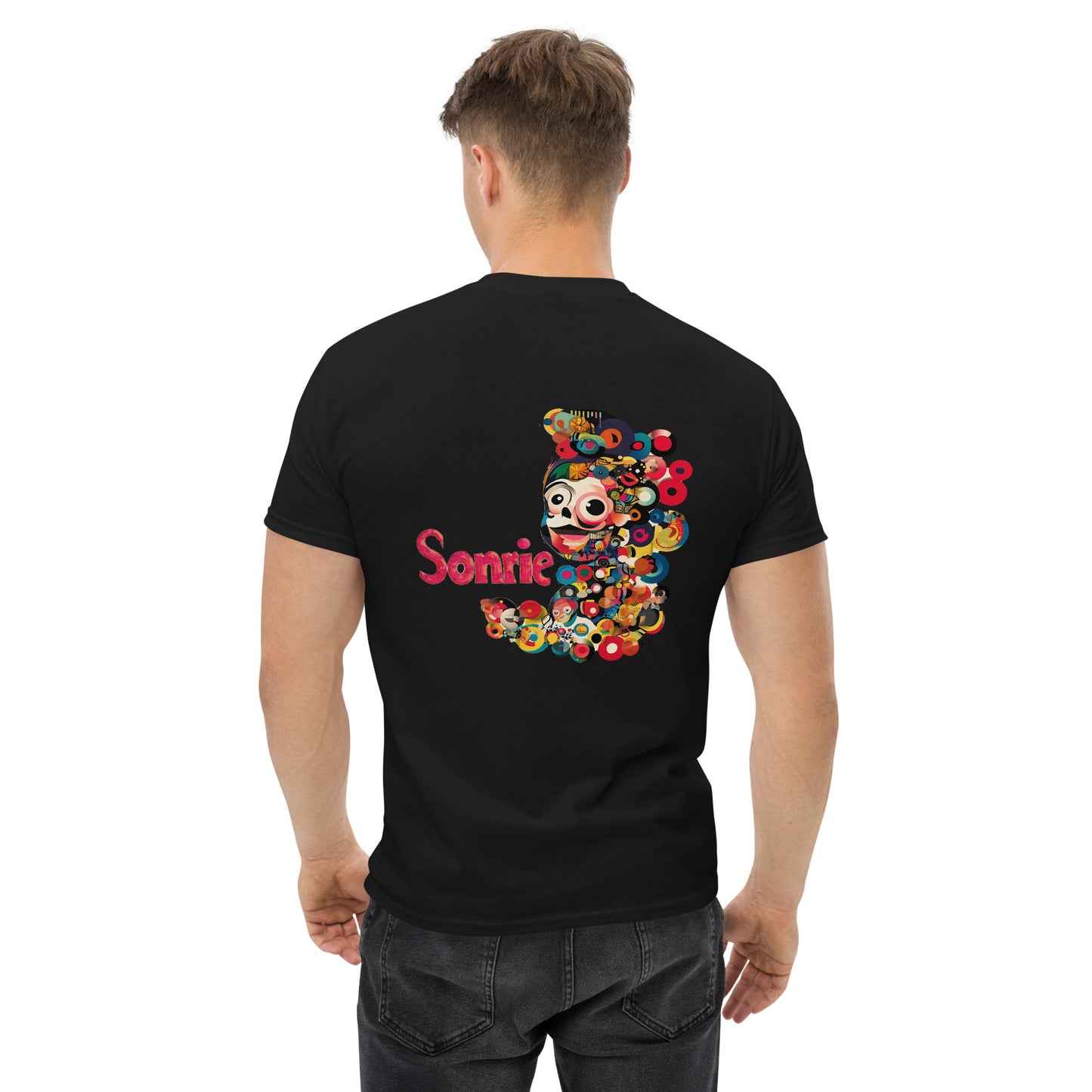 Male model wearing a black T-shirt with a colorful abstract back print