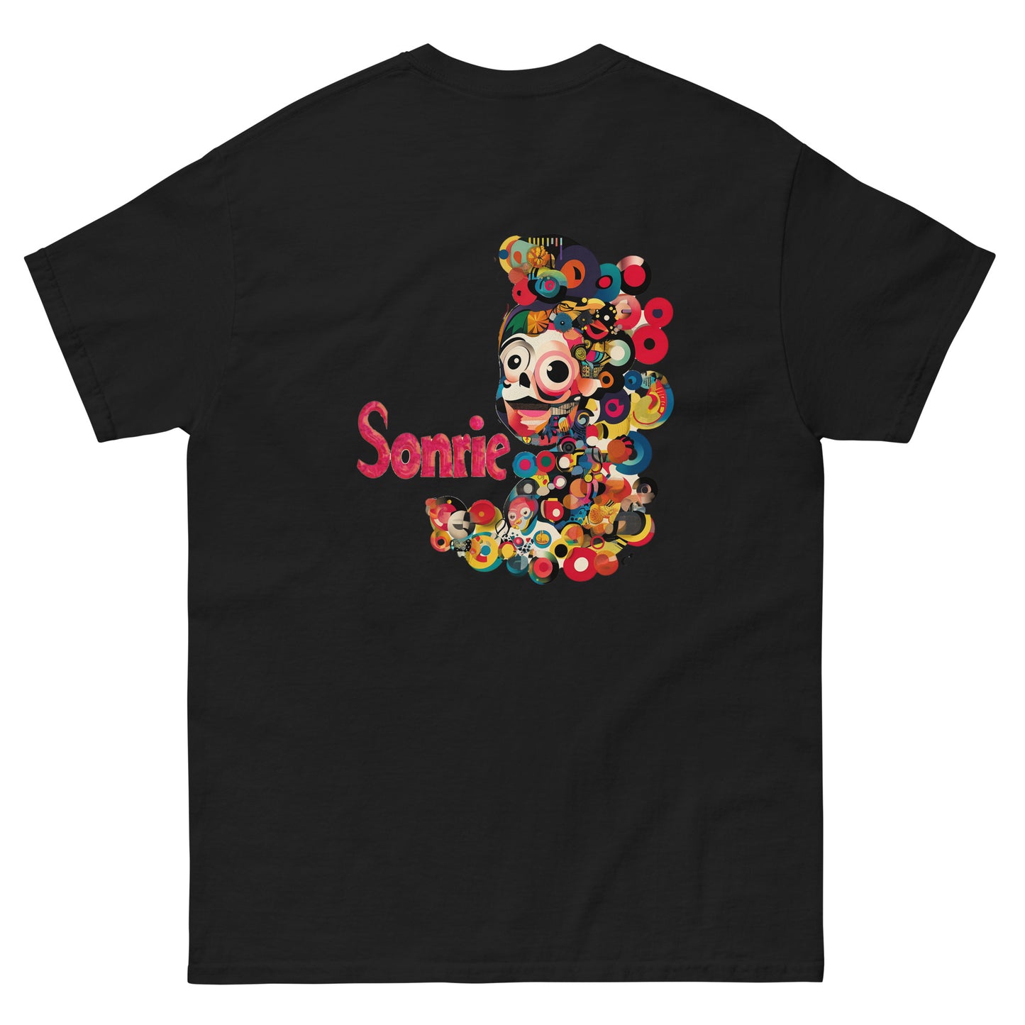 Black unisex T-shirt with a large colorful abstract side print