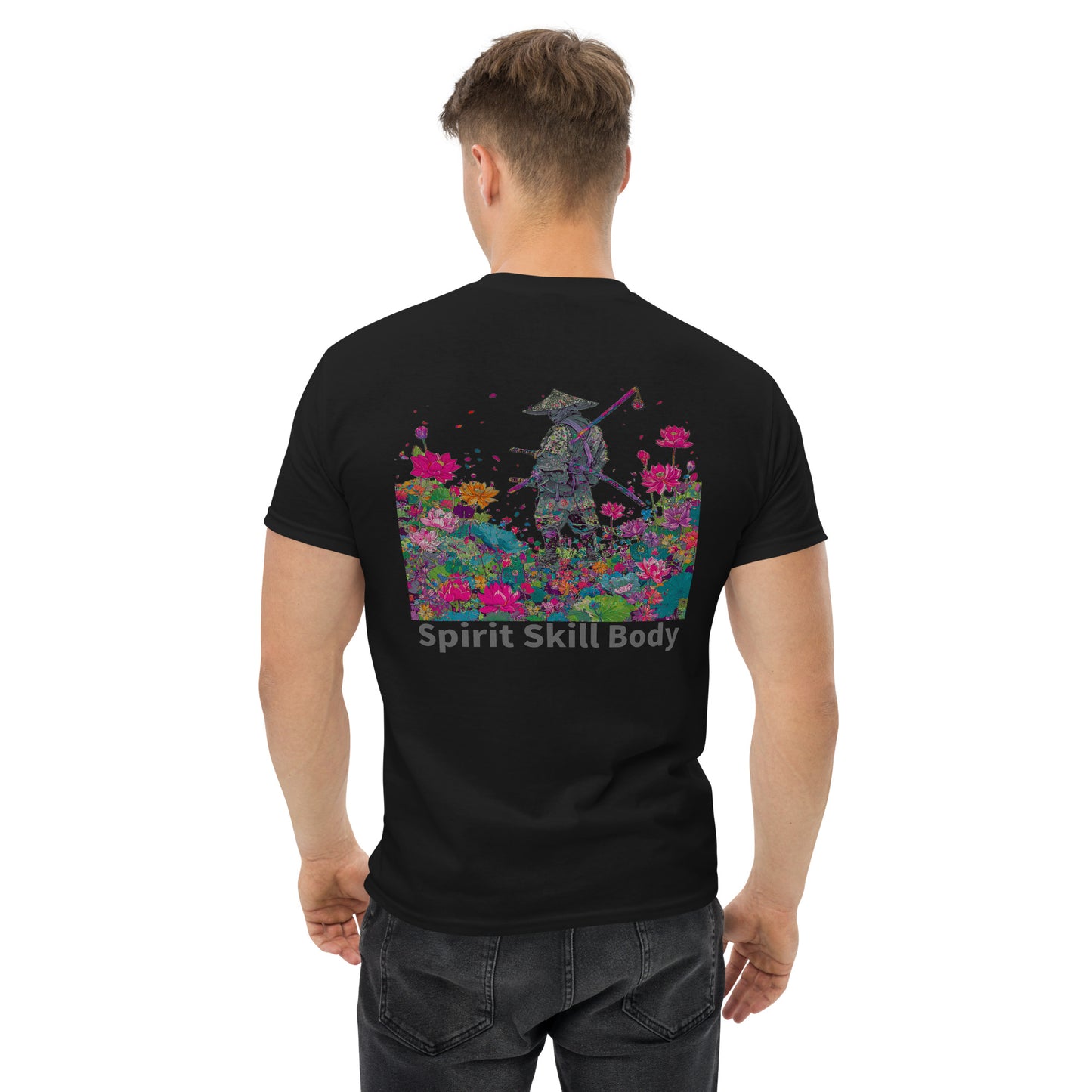 Black unisex T-shirt – Spirit Still Burns samurai design, back view.