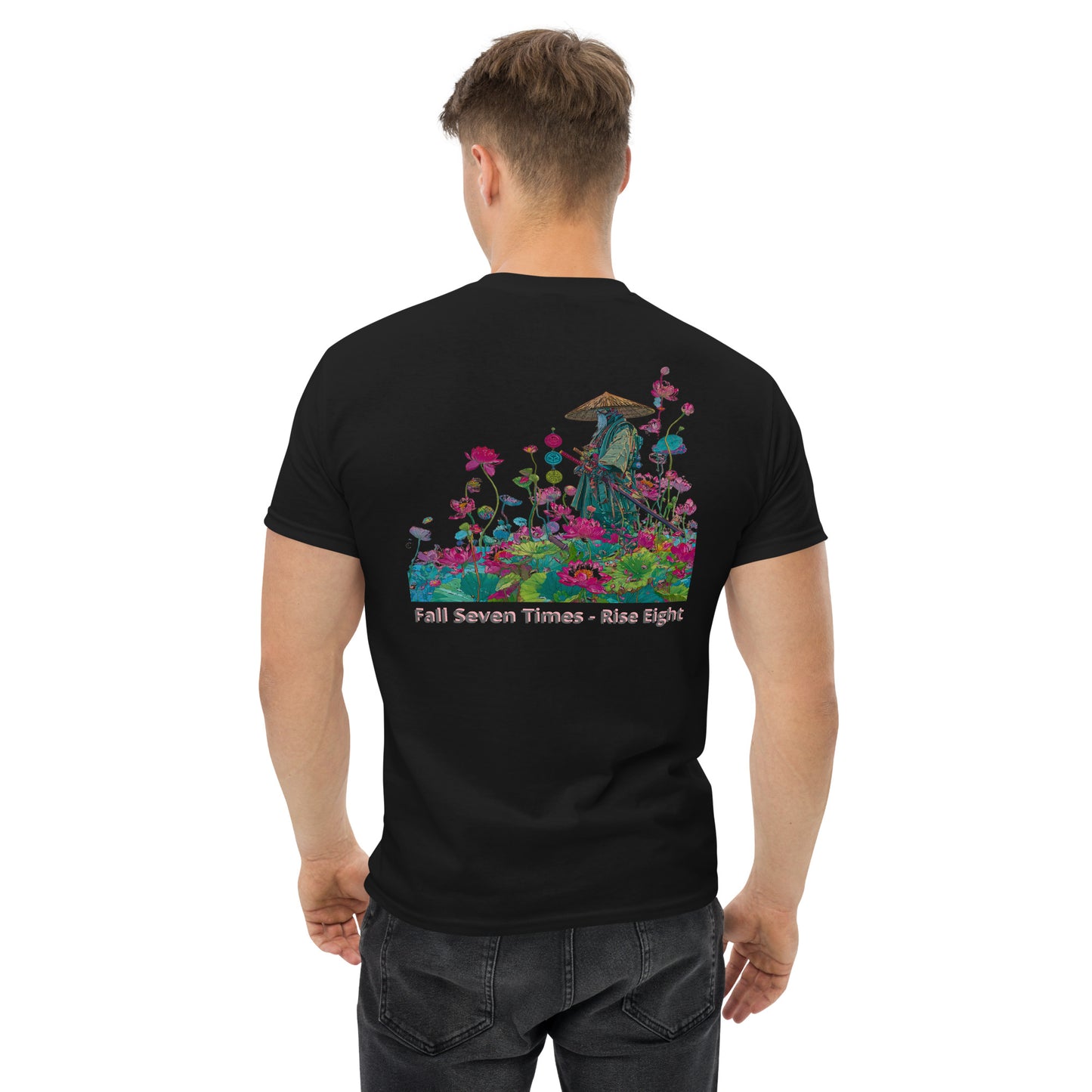 Black unisex T-shirt – Fall Seven Times Rise Eight samurai design, front and back view.