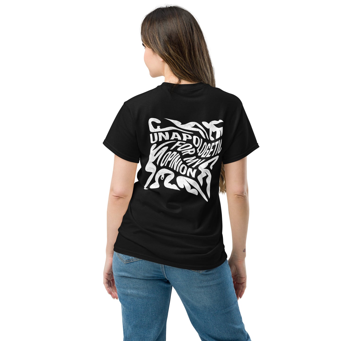 Woman wearing black feminist quote t-shirt with large white back print “Unapologetic Feminist” – Sisterhood Club Collection