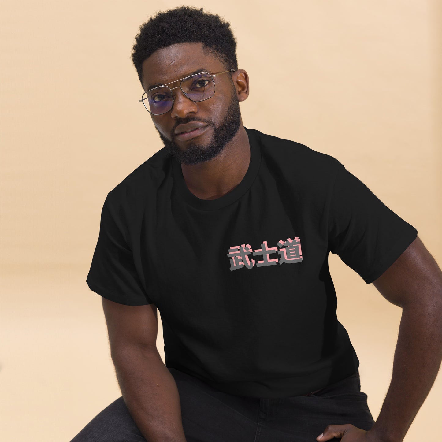 Black unisex T-shirt – The Way of the Warrior samurai design, front view.