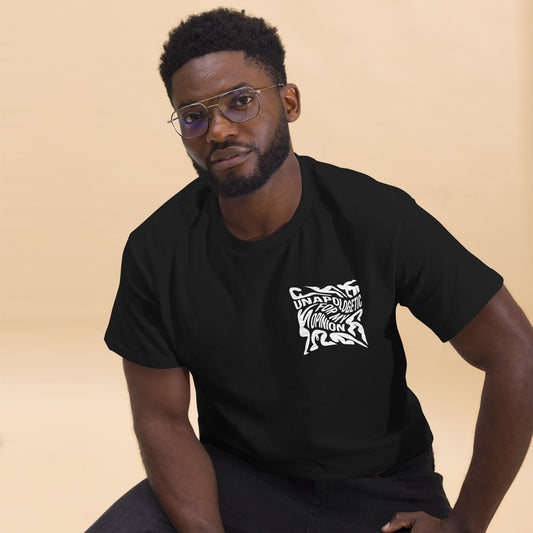 Man wearing black t-shirt with small white front print “Unapologetic Feminist” – Sisterhood Club Collection