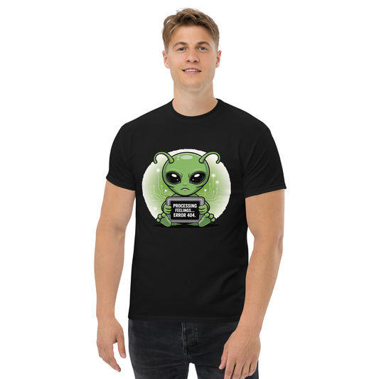 Male model wearing a black t-shirt with alien Zoggy-42 illustration and quote "I Promise I Don’t Bite".