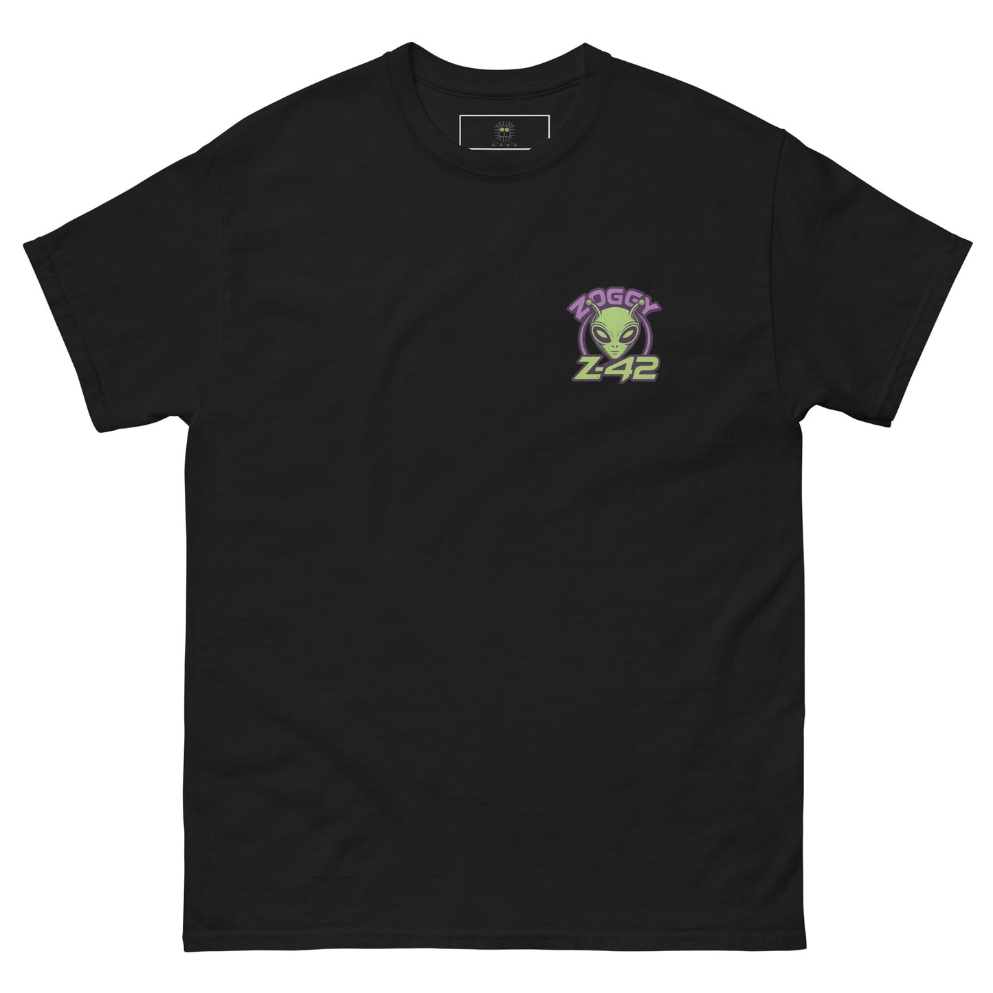 Black unisex T-shirt — front left chest small alien in spaceship graphic