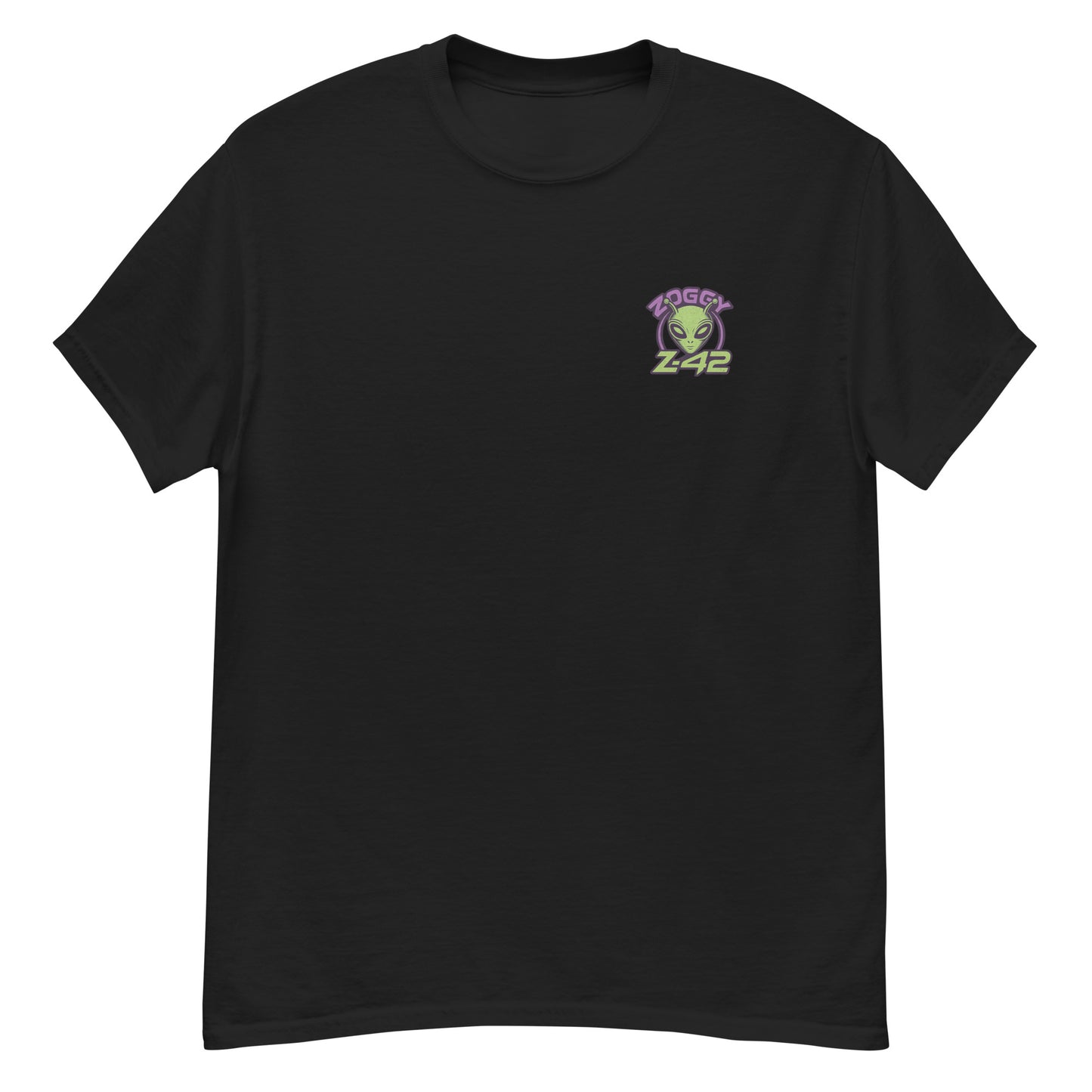 Black unisex T-shirt — front left chest small alien head graphic