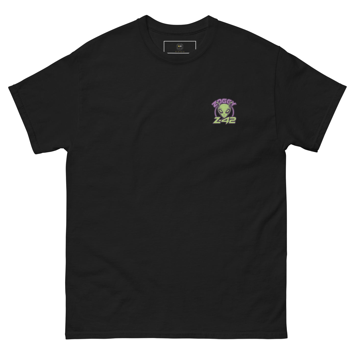 Black unisex T-shirt — back print: green alien with text OFFICIALLY TOO ALIEN FOR YOU HUMANS