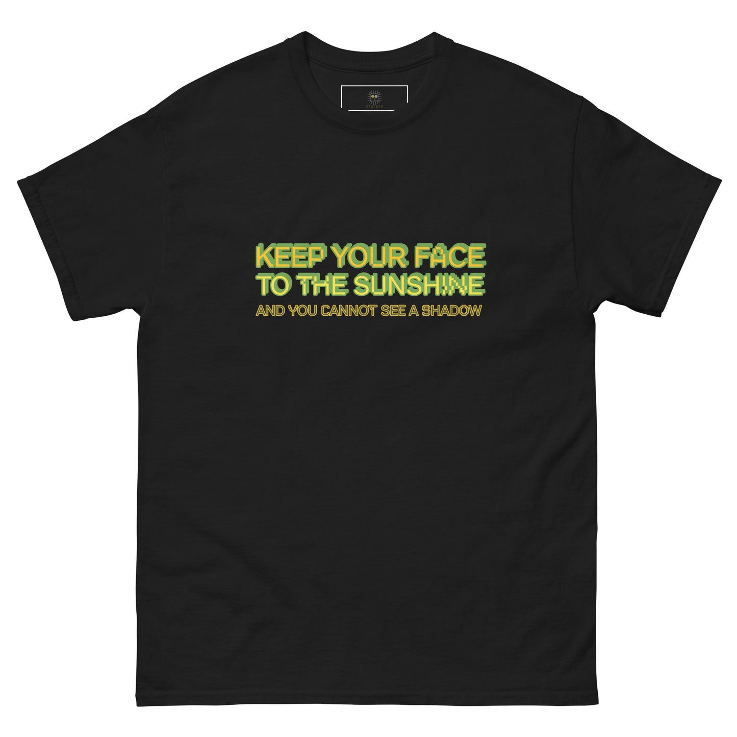 Black unisex T-shirt — back print: colorful illustrated face, front text: LOSING MY MIND LOVE CHAOS