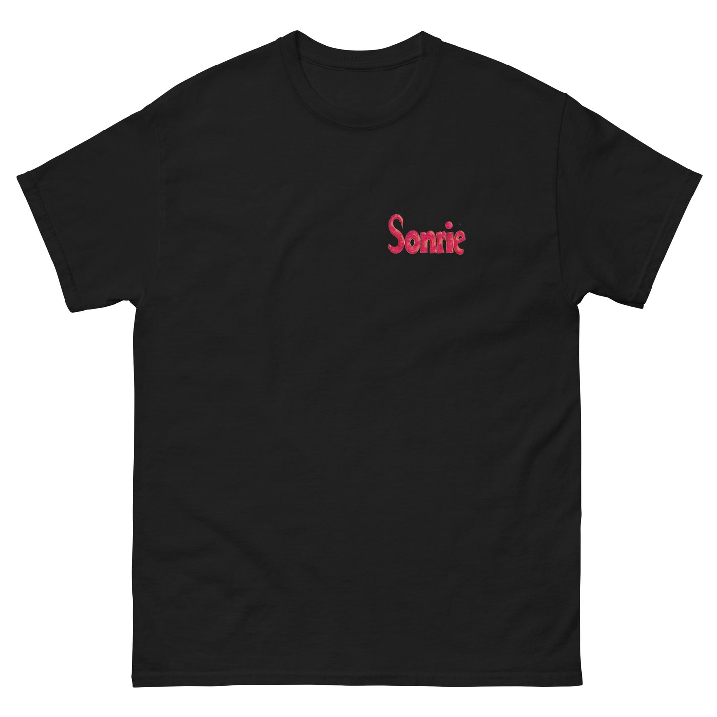 Black unisex T-shirt with Sonrie text on the chest
