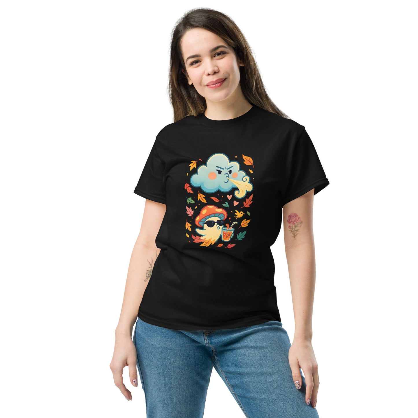 Female model in black T-shirt – Woman in casual black tee featuring cute mushroom character and fall leaves, MushLOL Collection.
