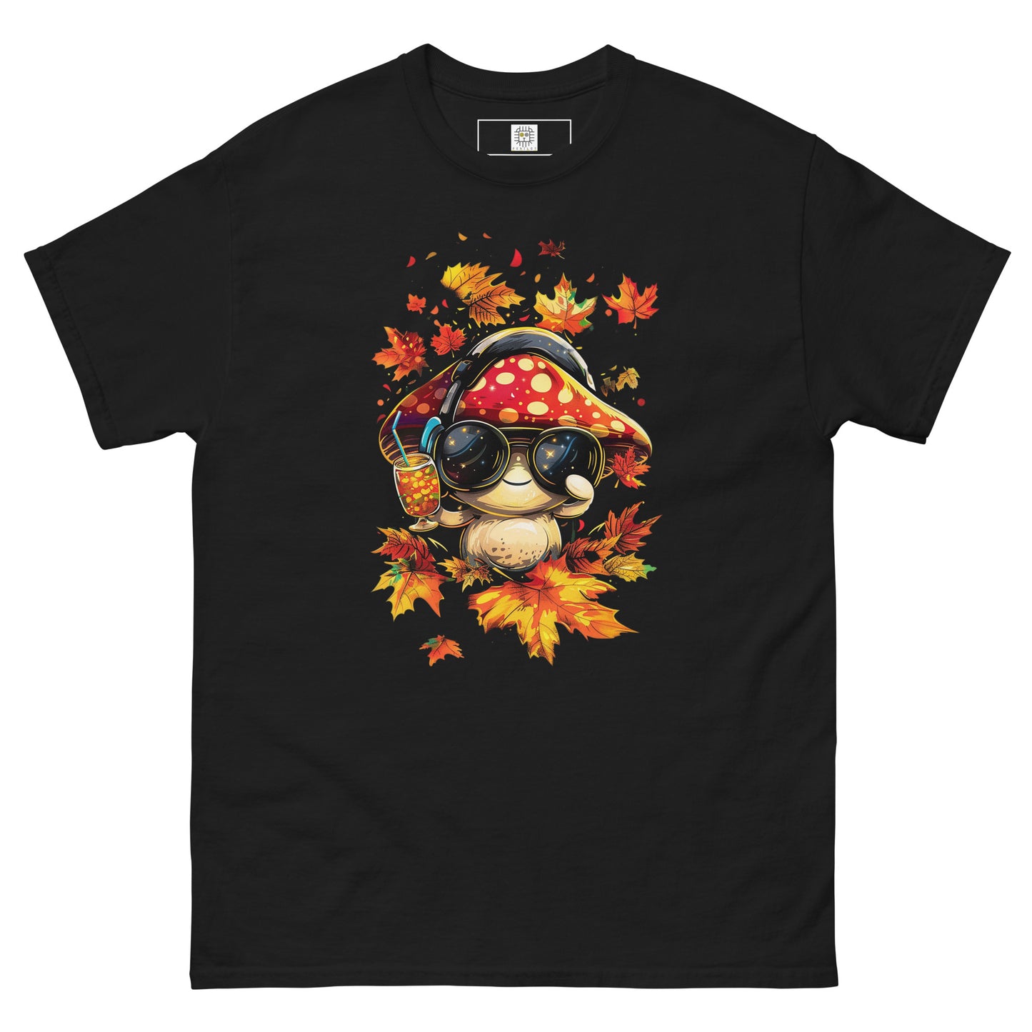 Black flat lay T-shirt – Unisex black autumn graphic tee with funny mushroom character wearing sunglasses, MushLOL Collection.