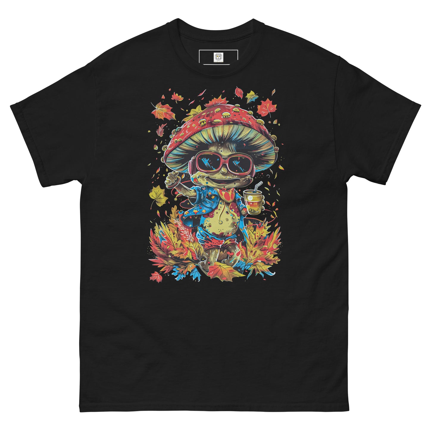 A black T-shirt with a colorful autumn mushroom character print (MushLOL design) displayed flat.