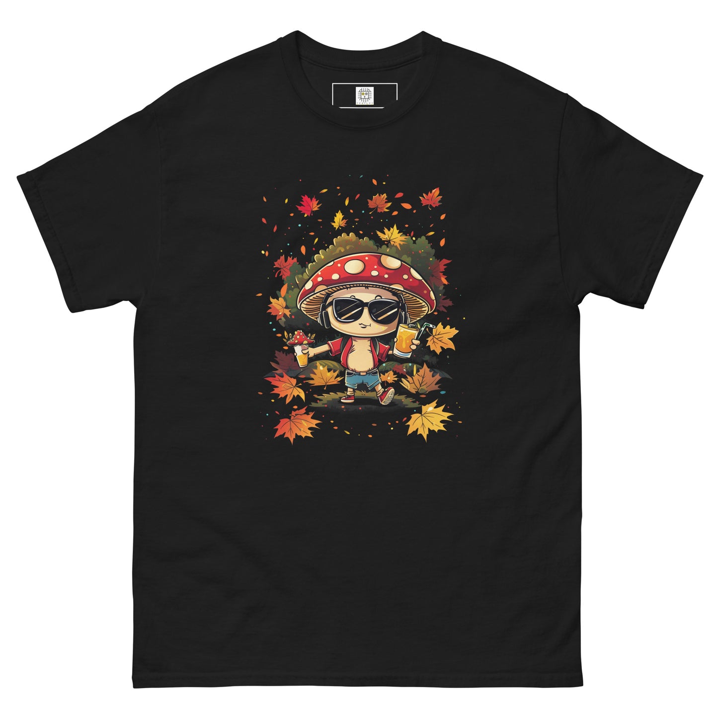 Black T-shirt flat lay with the mushroom character and autumn leaves design.