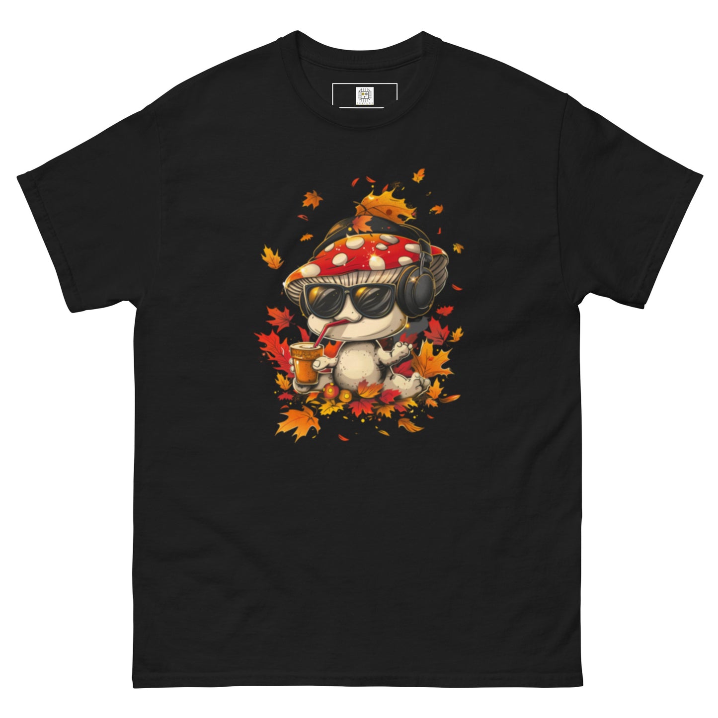 Black t-shirt with autumn mushroom illustration in warm red and orange tones.
