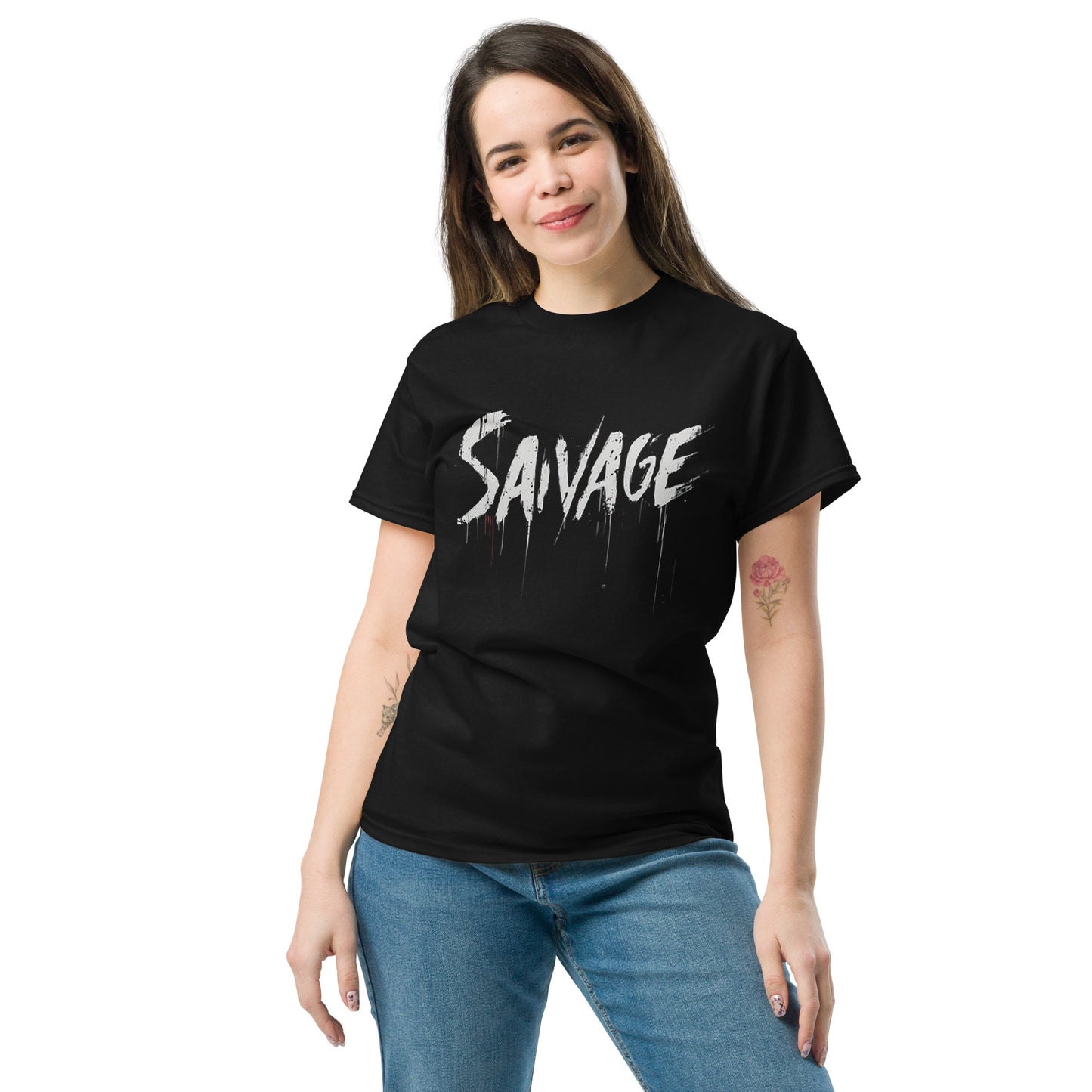 Female model: Woman wearing black Savage t-shirt with bold white graffiti-style text, casual urban look.