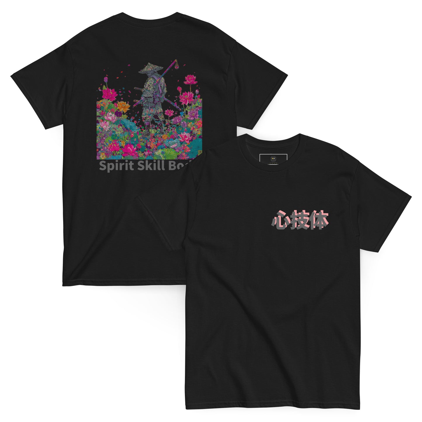Black unisex T-shirt – Spirit Still Burns samurai design, front and back view.
