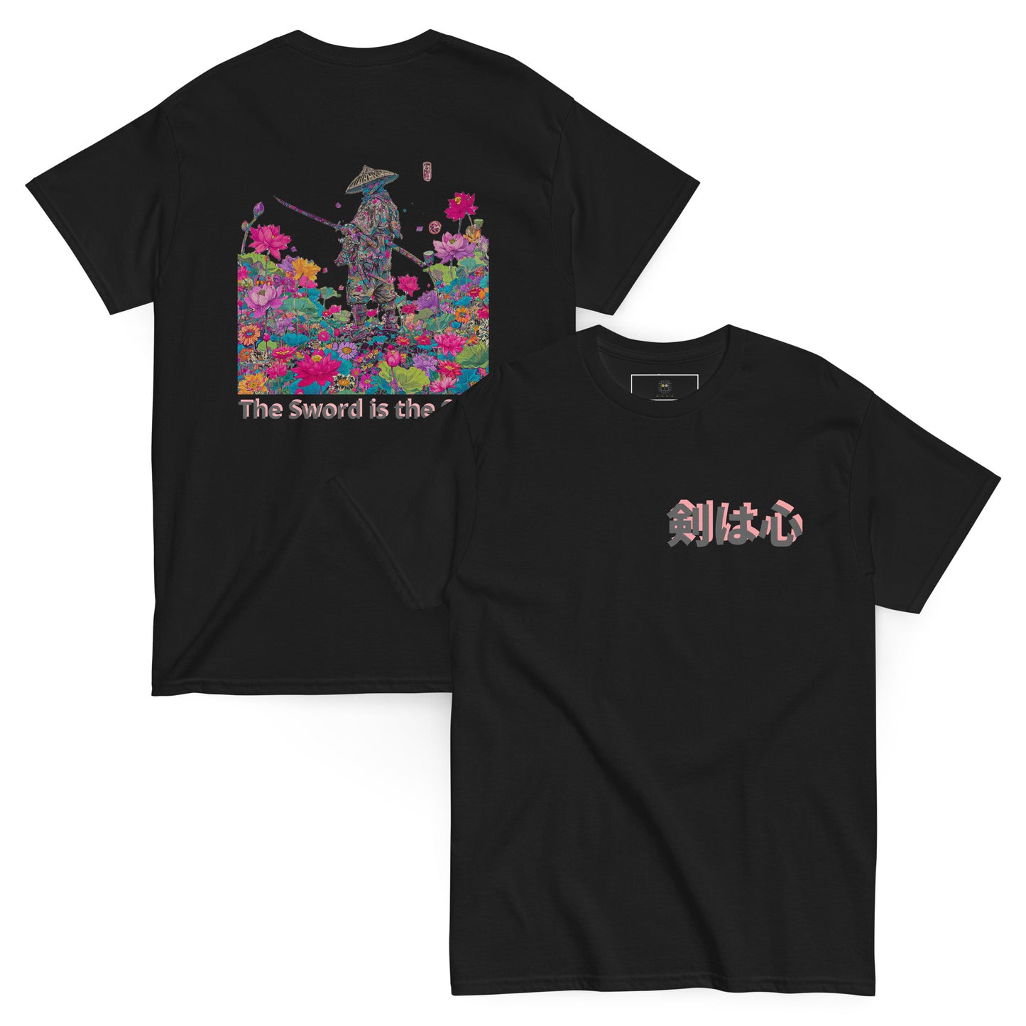 Black unisex T-shirt – The Sword in the Lotus samurai design, front and back view.