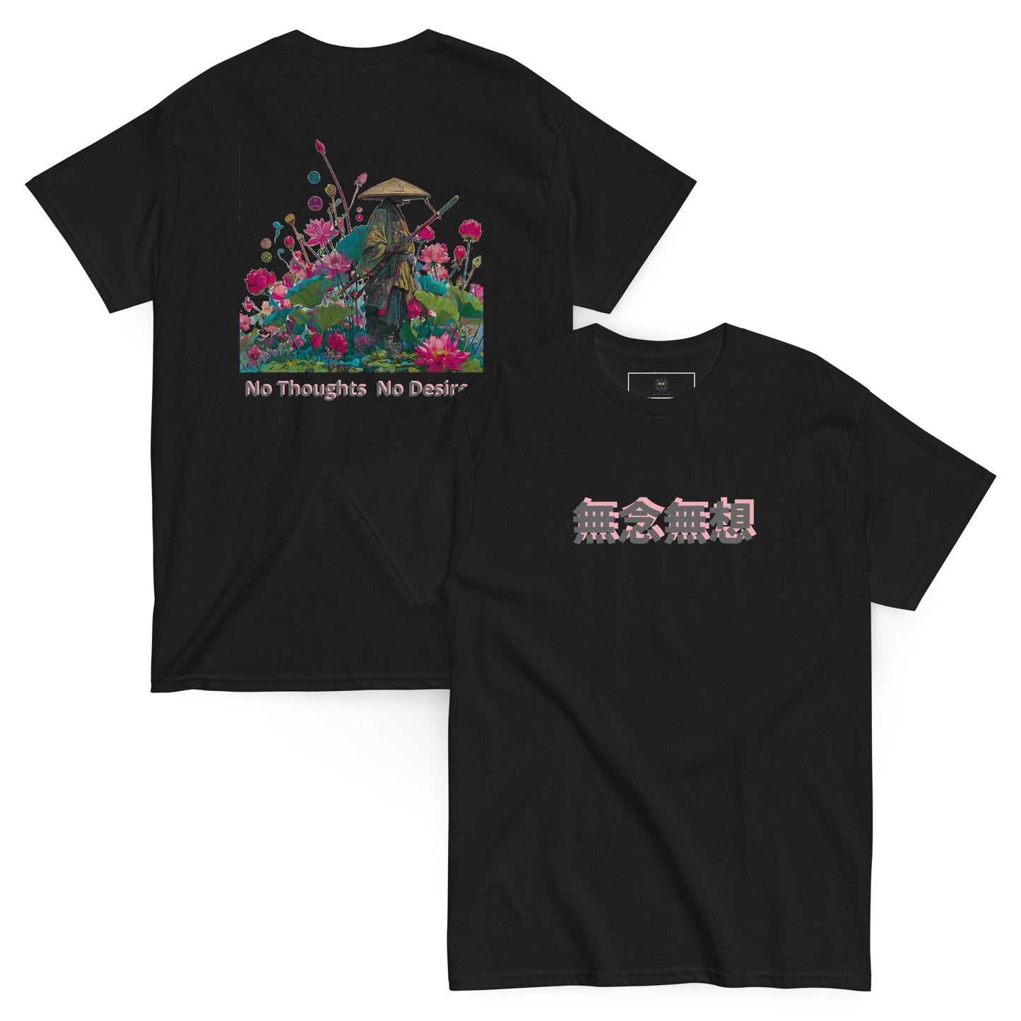Black unisex T-shirt – Samurai in the Blooming Lotus, front view.
Black unisex T-shirt – Samurai in the Blooming Lotus, back view.