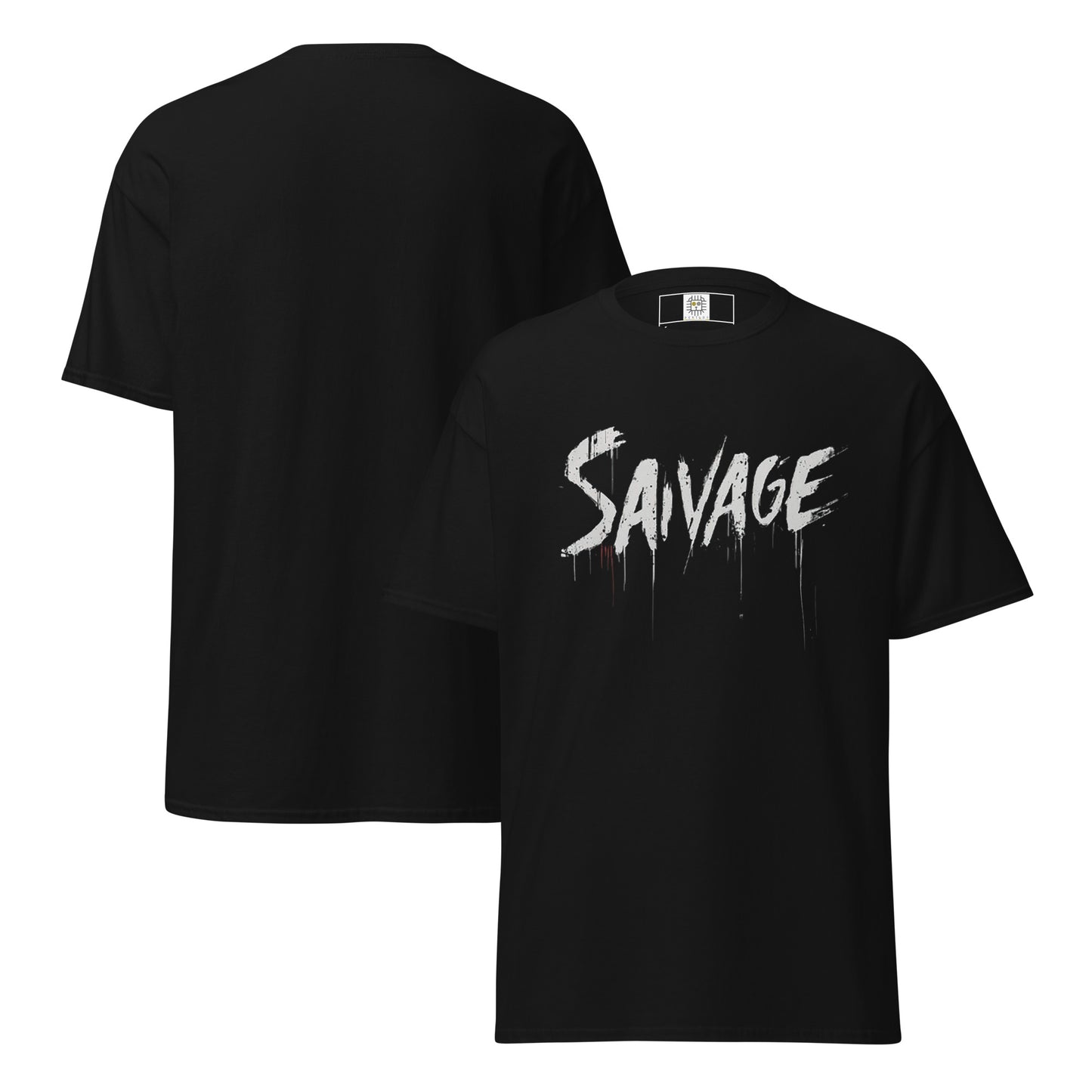 T-shirt front and back (no model): Black Savage t-shirt front and back view with bold white graffiti-style text.