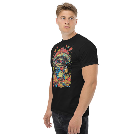 A male model wearing a black T-shirt with the mushroom character print, standing casually