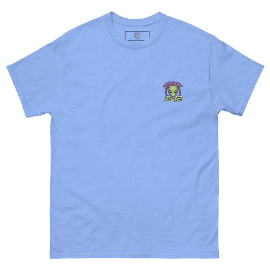 Light blue unisex T-shirt — front left chest small alien head graphic