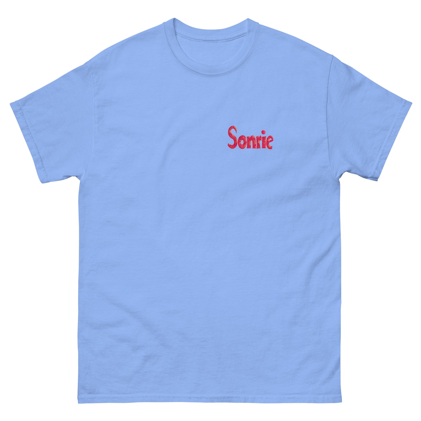 Light blue unisex T-shirt with Sonrie text on the chest
