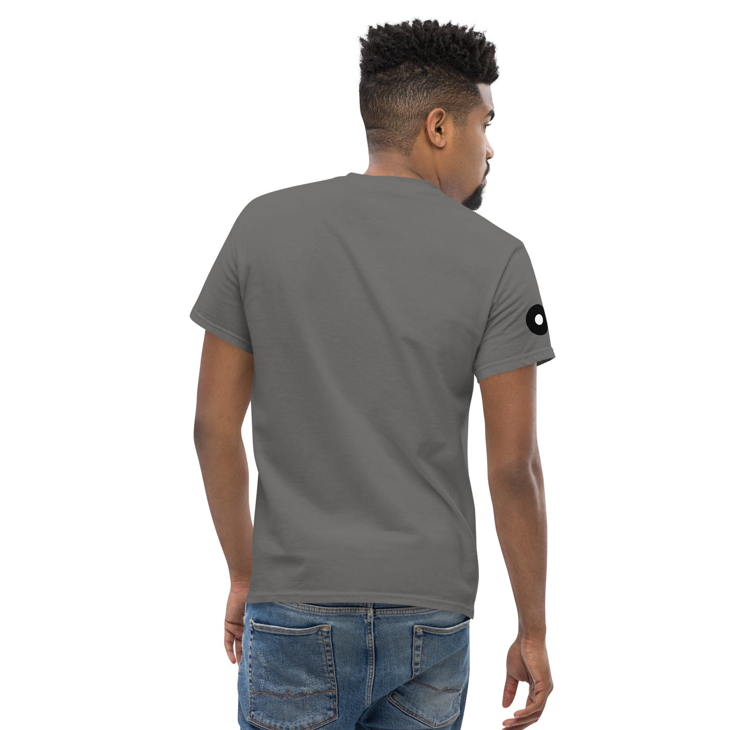 Three-quarter back view highlighting the overall balance of the design. While the back remains unprinted, the right sleeve detail contributes a subtle visual accent without drawing attention away from the main composition.