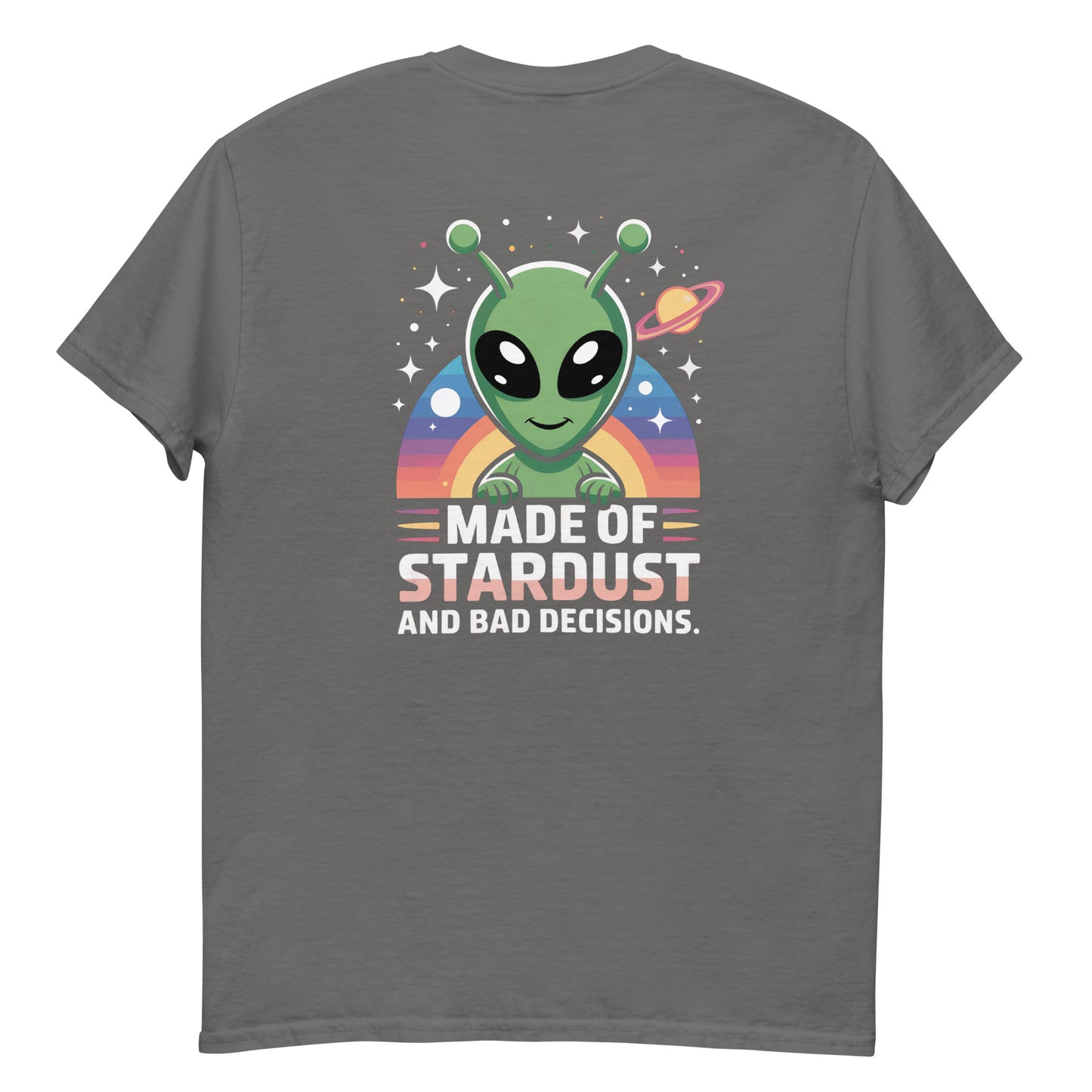 Male model wearing grey T-shirt — front left chest small alien head graphic