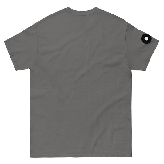 Back view of the grey t-shirt with a completely clean surface. The absence of any back print reinforces focus on the front symbol and the subtle right sleeve detail.