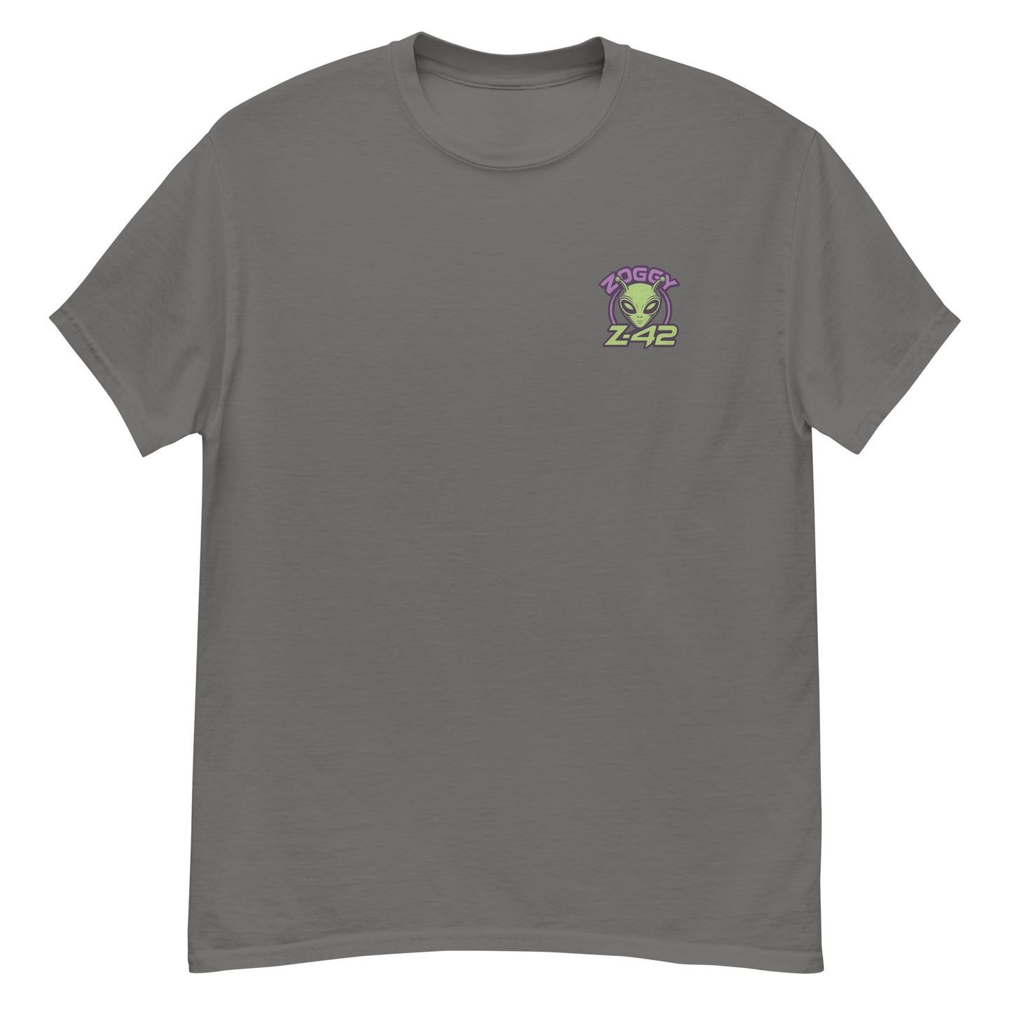 Grey unisex T-shirt — front left chest small alien head graphic