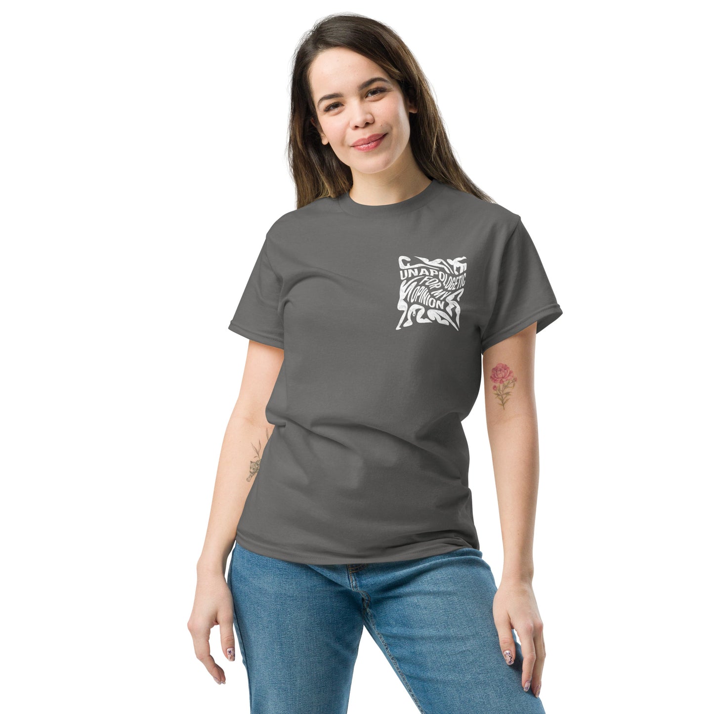 Woman wearing charcoal feminist statement t-shirt with bold white text design – Sisterhood Club Collection